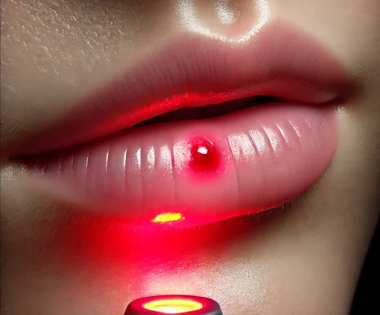 A close-up, photorealistic image of a red light therapy device emitting a soft, focused red glow onto a person's skin, specifically around the lips