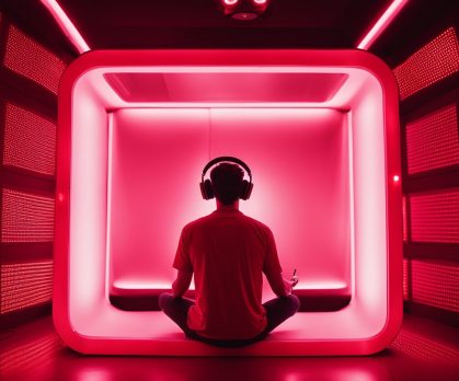 Person wearing headphones during redlight therapy